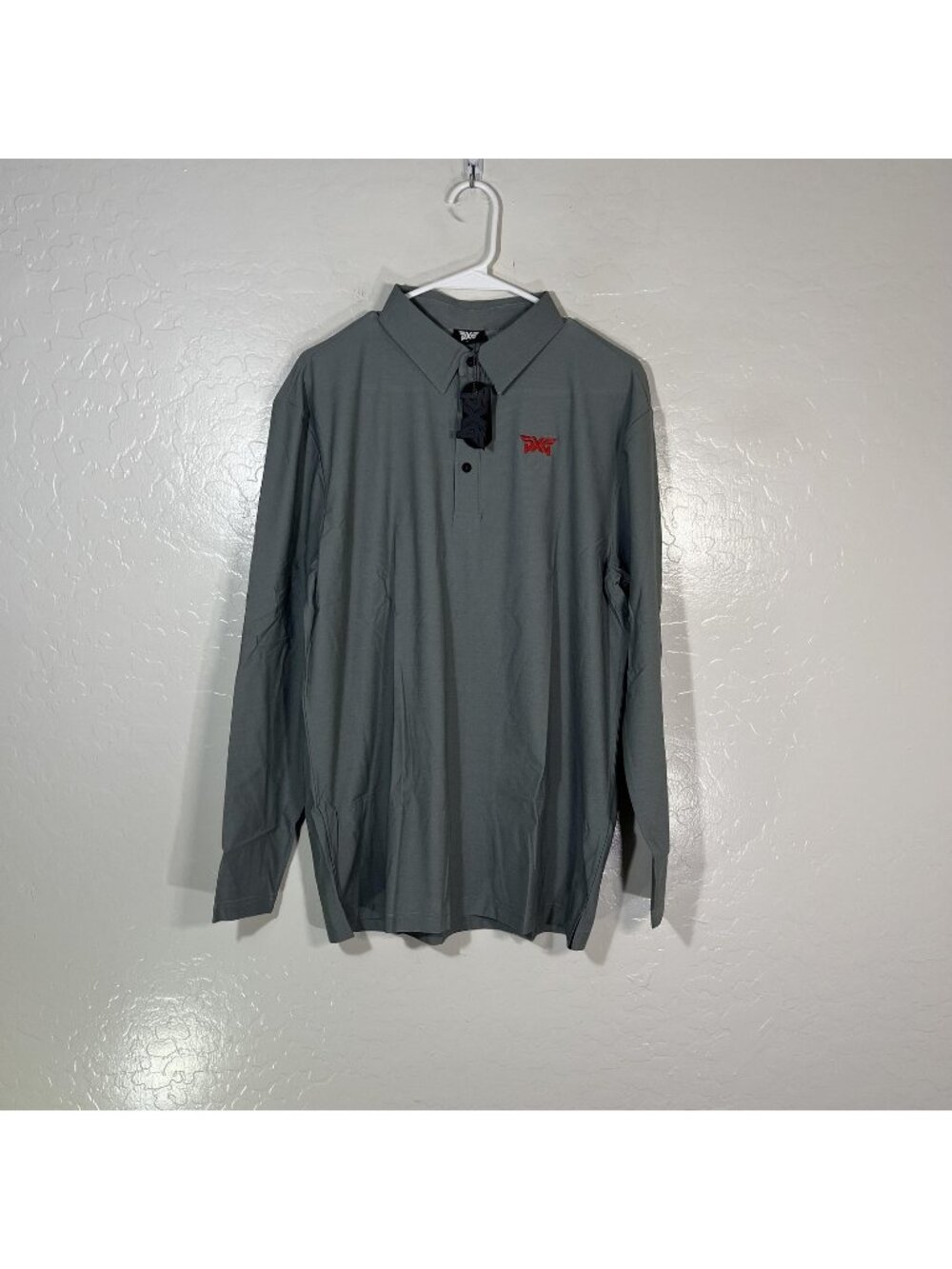 PXG Polo Shirt Mens Medium Gray Check Golf Performance Stretch Long Sleeve Top